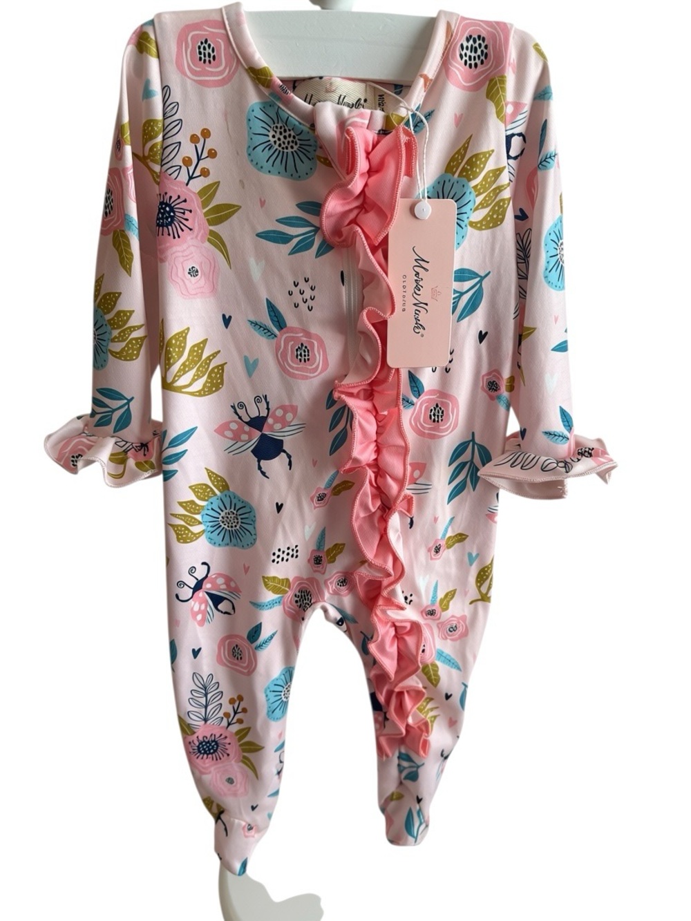 Marie Nicole Pink Floral & Blue Accent Ruffle Baby One-Piece